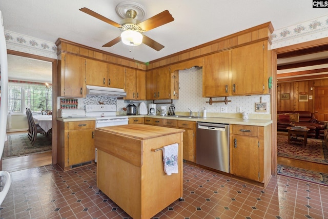 kitchen with under cabinet range hood, white electric range, a sink, wood counters, and dishwasher