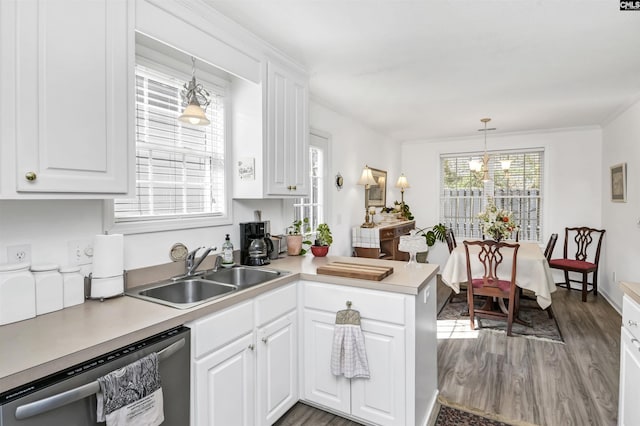 kitchen featuring a sink, white cabinets, dishwasher, and wood finished floors