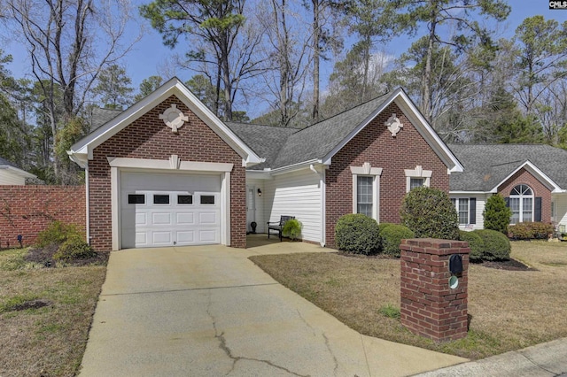 view of front of property with a garage, brick siding, driveway, and roof with shingles