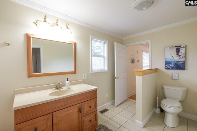 bathroom featuring ornamental molding, tile patterned flooring, vanity, and toilet