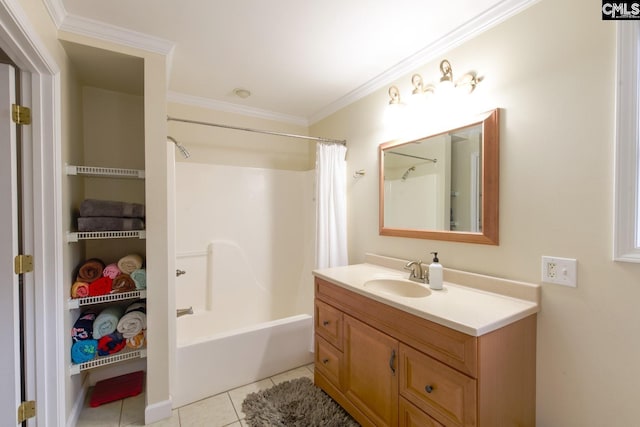 full bathroom with ornamental molding, tile patterned flooring, vanity, and shower / tub combo