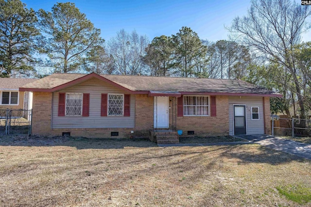 ranch-style house with crawl space, a front yard, and fence