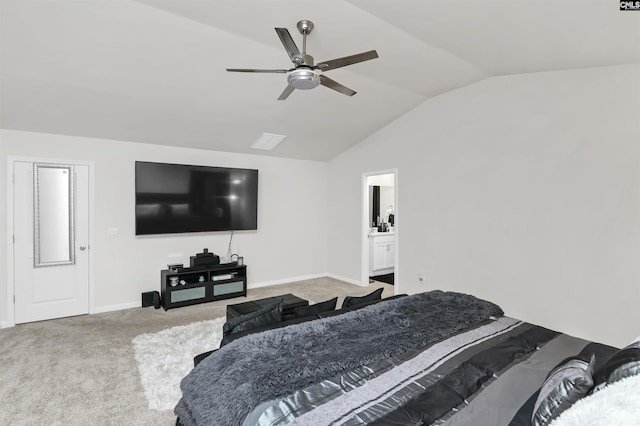 bedroom with lofted ceiling, baseboards, carpet floors, and ceiling fan