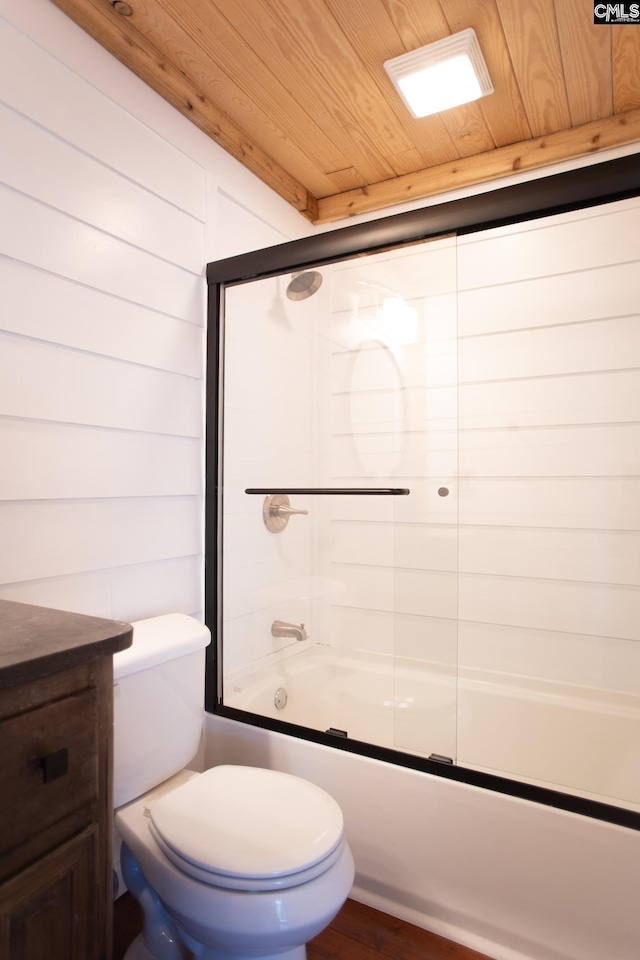 full bath with wood ceiling, combined bath / shower with glass door, vanity, and toilet