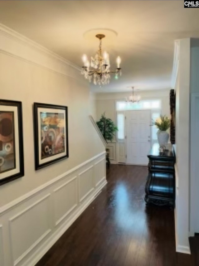 foyer entrance with wainscoting, ornamental molding, dark wood-style flooring, a chandelier, and a decorative wall