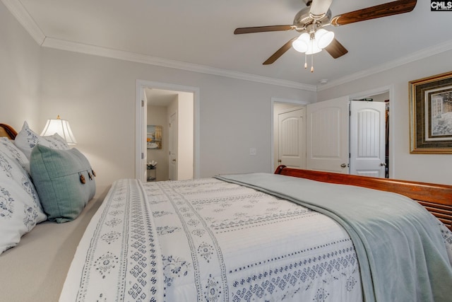 bedroom featuring ceiling fan and ornamental molding