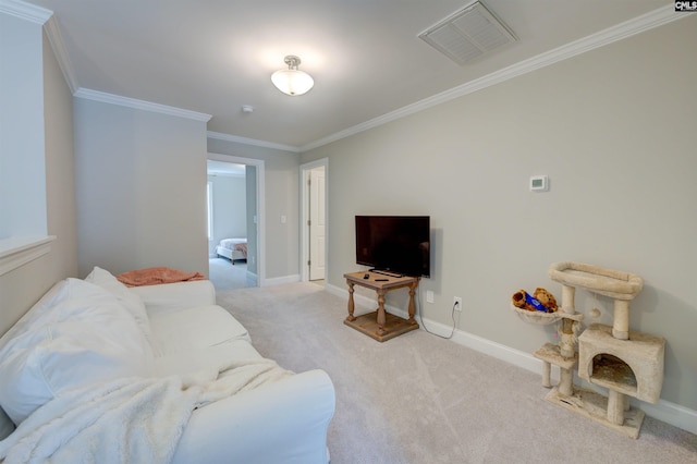 carpeted living room with ornamental molding, visible vents, and baseboards