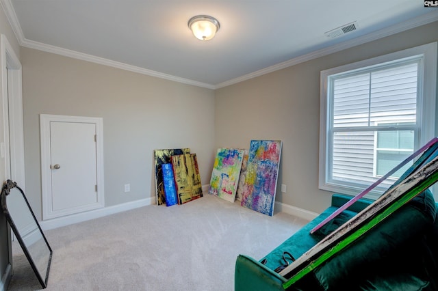 rec room with carpet floors, baseboards, visible vents, and crown molding