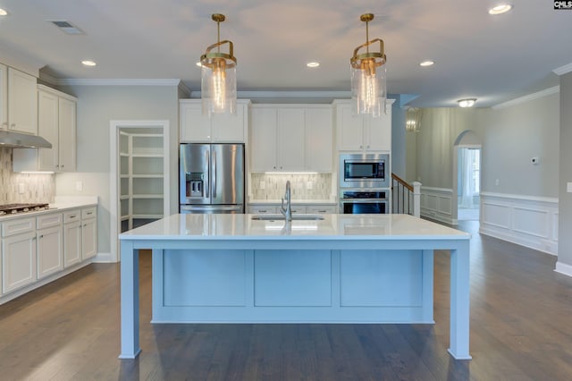 kitchen with light countertops, visible vents, appliances with stainless steel finishes, a sink, and under cabinet range hood