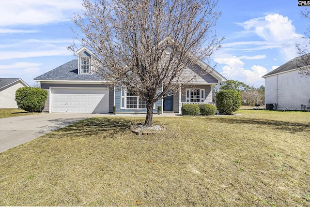 obstructed view of property featuring an attached garage, driveway, a front lawn, and roof with shingles