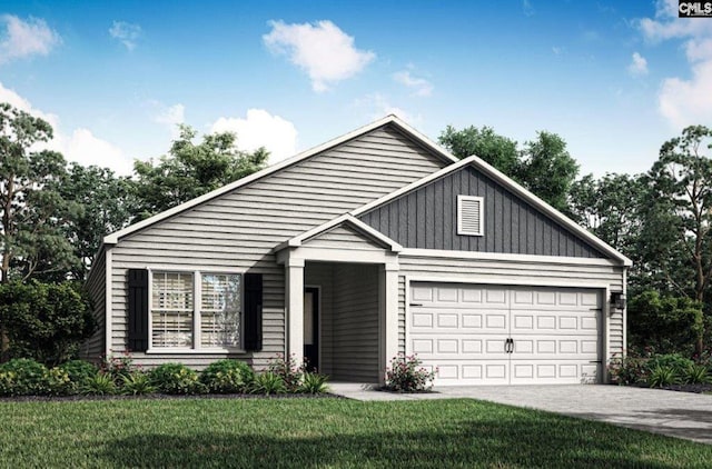 view of front facade with driveway, a front lawn, and an attached garage