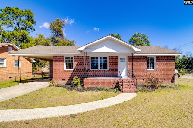 view of front facade featuring an attached carport, crawl space, brick siding, and concrete driveway