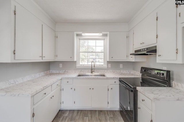 kitchen featuring light wood finished floors, electric range, white cabinets, under cabinet range hood, and a sink