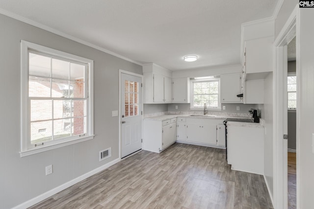 kitchen featuring a sink, visible vents, white cabinets, light countertops, and light wood-type flooring