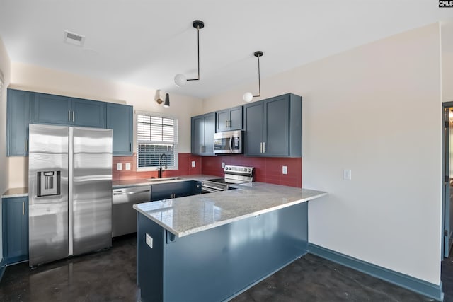 kitchen with a peninsula, concrete floors, a sink, visible vents, and appliances with stainless steel finishes