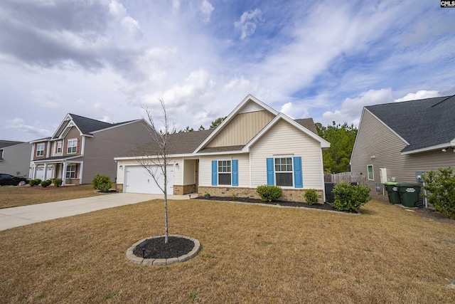 view of front of house with a front lawn, concrete driveway, brick siding, and an attached garage