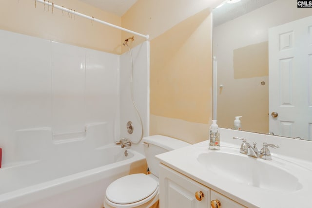 full bath featuring toilet, shower / bathtub combination, a textured ceiling, and vanity