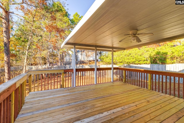 wooden deck featuring a fenced backyard and ceiling fan