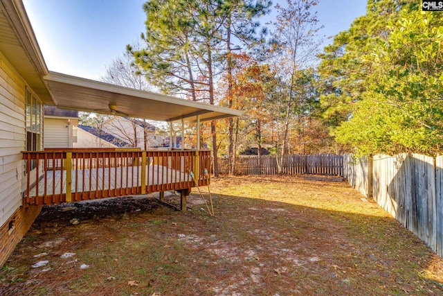 view of yard featuring a fenced backyard and a deck