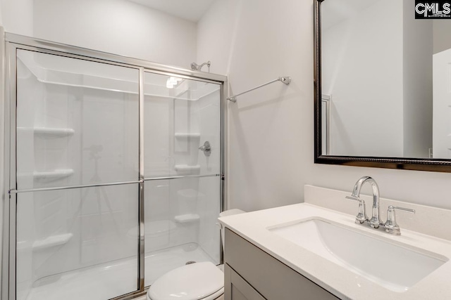 full bathroom featuring a stall shower, vanity, and toilet