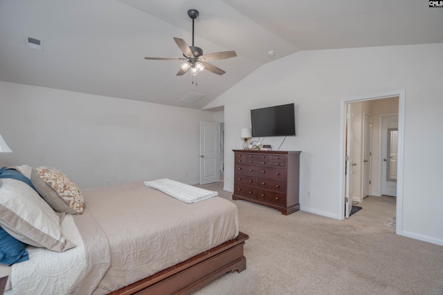 bedroom with light carpet, baseboards, visible vents, and vaulted ceiling