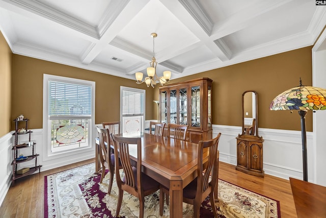 dining room featuring a notable chandelier, wood finished floors, visible vents, wainscoting, and beam ceiling