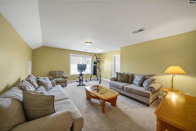 living room featuring carpet floors, lofted ceiling, visible vents, and baseboards