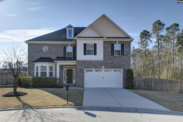 view of front of property featuring a garage, concrete driveway, brick siding, and fence