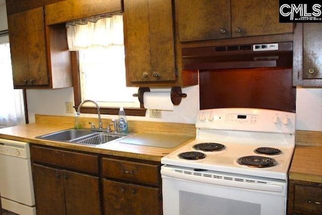 kitchen featuring a wealth of natural light, white appliances, a sink, and under cabinet range hood