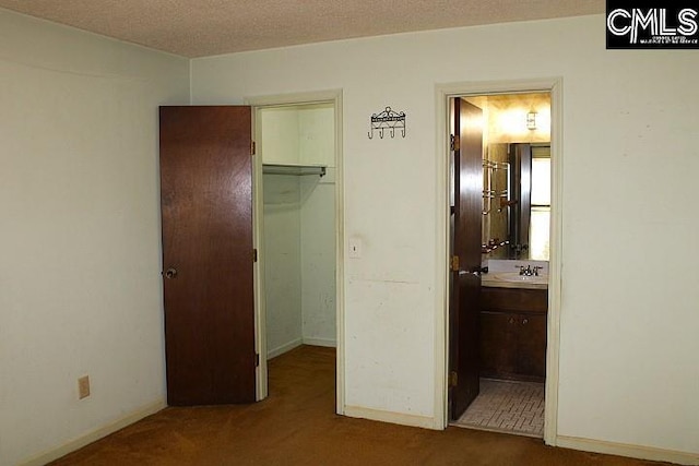 unfurnished bedroom with carpet floors, a closet, a sink, and a spacious closet