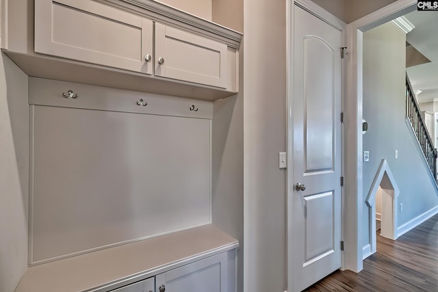 mudroom with baseboards and dark wood-type flooring