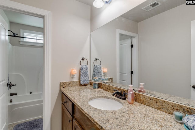 bathroom with vanity, shower / tub combination, and visible vents