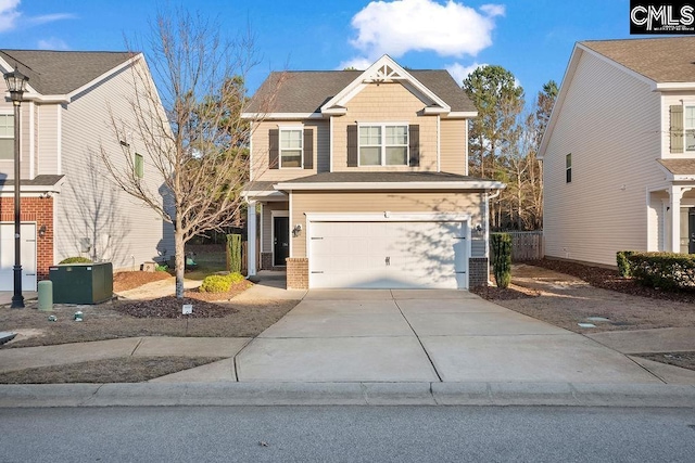 view of front of home featuring a garage, concrete driveway, brick siding, and central AC