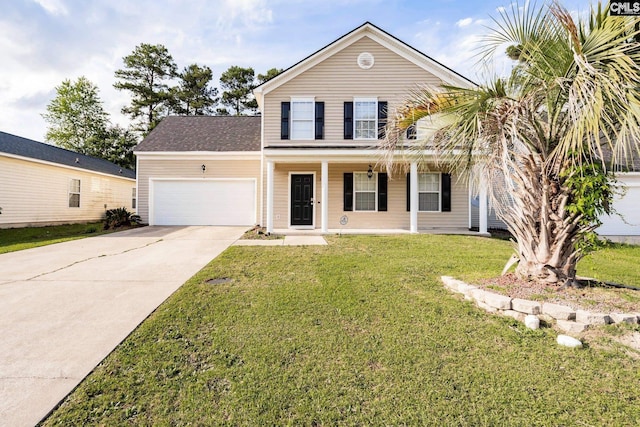 traditional home featuring a porch, a front lawn, driveway, and an attached garage