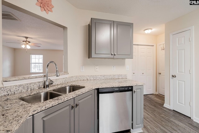 kitchen featuring a sink, dishwasher, visible vents, and gray cabinetry