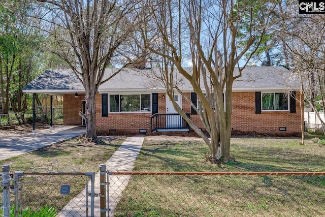 view of front of home featuring a fenced front yard, crawl space, brick siding, and a gate