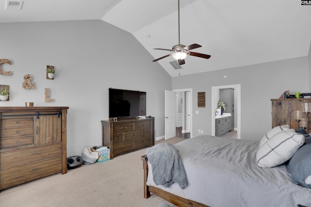 bedroom with carpet floors, visible vents, ensuite bathroom, a ceiling fan, and high vaulted ceiling