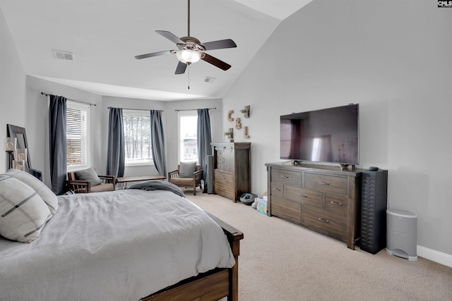 bedroom featuring light colored carpet, visible vents, a ceiling fan, high vaulted ceiling, and baseboards