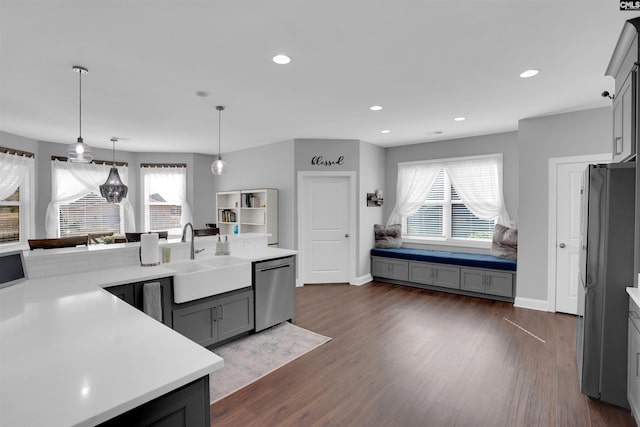 kitchen featuring stainless steel appliances, dark wood finished floors, light countertops, and a sink