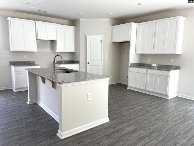 kitchen with a sink, a kitchen island with sink, and white cabinetry