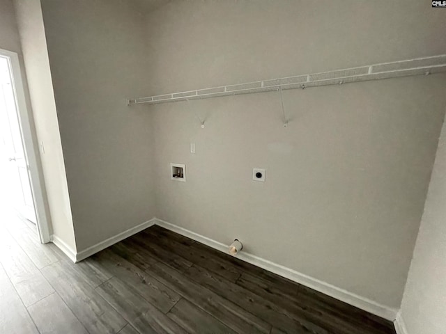 laundry room with hookup for a washing machine, baseboards, dark wood-type flooring, and hookup for an electric dryer