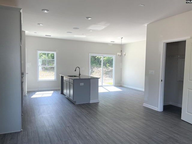 kitchen with dark wood-style floors, a wealth of natural light, a sink, and gray cabinetry