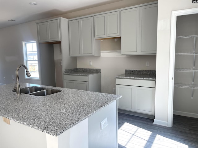 kitchen featuring gray cabinetry, a sink, light stone countertops, an island with sink, and dark wood finished floors