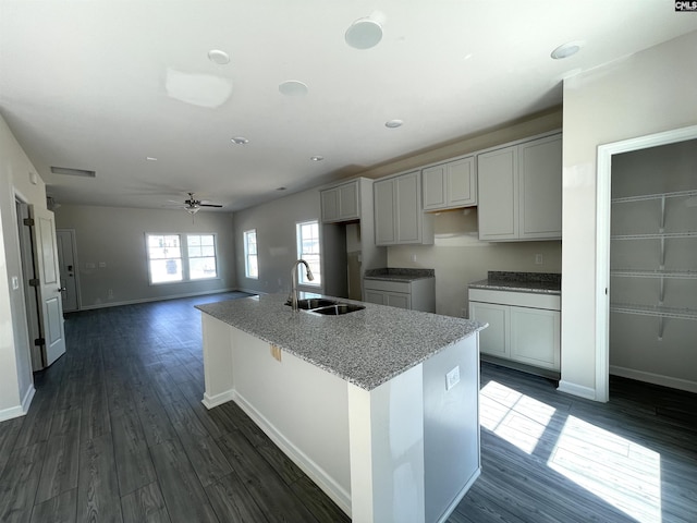 kitchen with baseboards, an island with sink, dark wood-type flooring, light stone countertops, and a sink