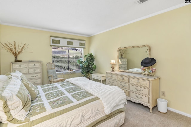 bedroom featuring ornamental molding, light colored carpet, and baseboards