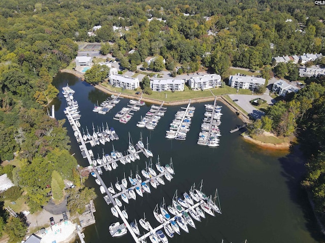 aerial view featuring a water view and a wooded view