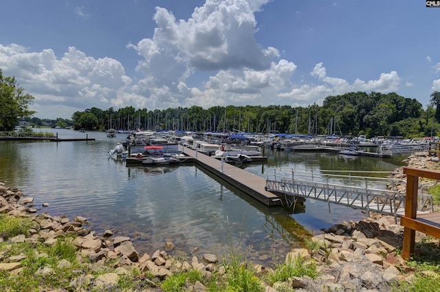 view of dock with a water view and a view of trees