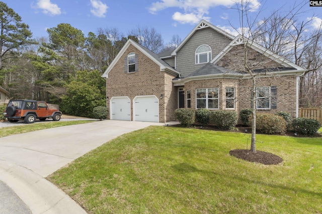 view of front of home with a garage, concrete driveway, brick siding, and a front lawn