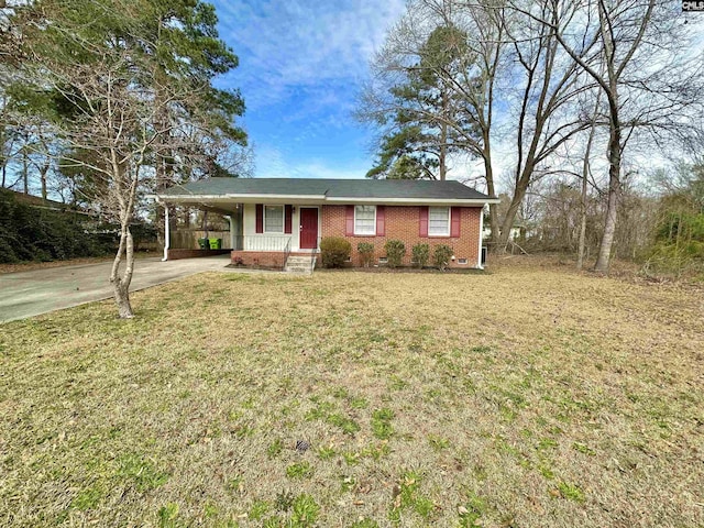 single story home with concrete driveway, an attached carport, crawl space, and a front lawn