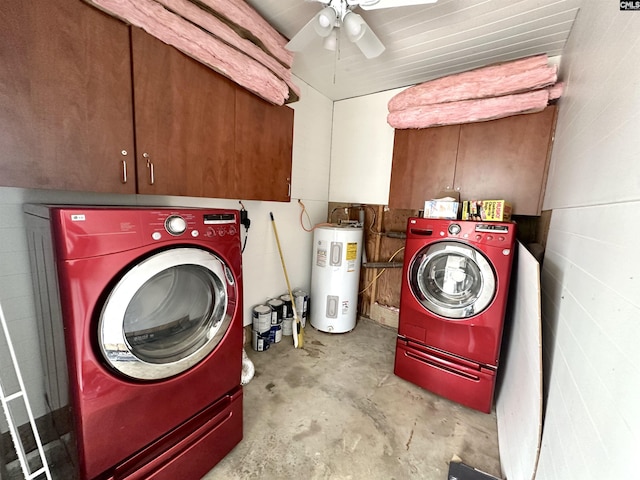 laundry room with electric water heater, washing machine and clothes dryer, cabinet space, and a ceiling fan